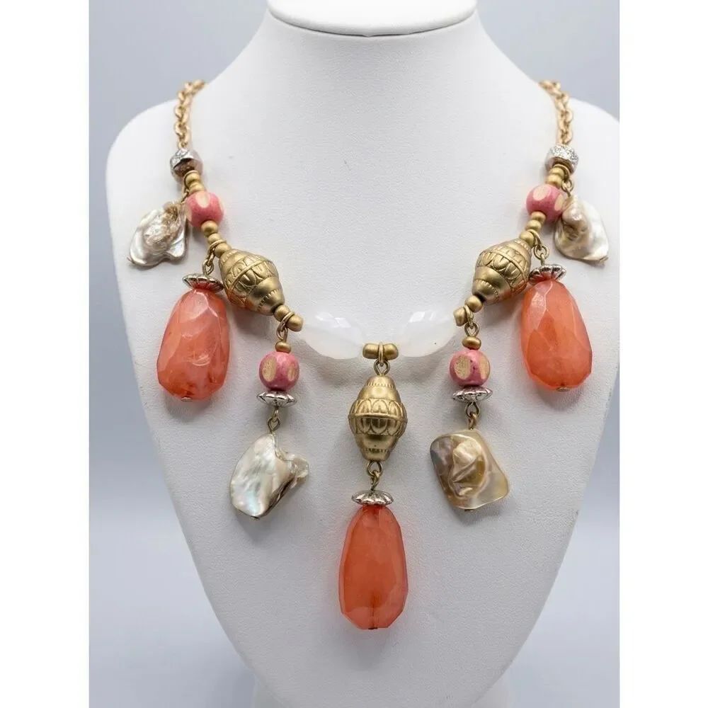 Chico's Statement Necklace Peach Faceted Resin & Baroque Mother of Pearl Shell